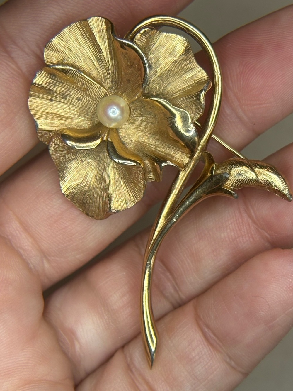 Vintage Marcel Boucher Pansy Flower Faux Pearl Brooch Gold Tone